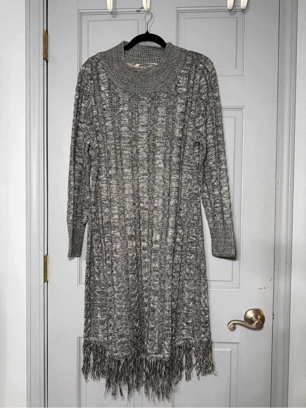 Soft Surroundings Gray Marled Fringe-Hem Long Sleeve Knit Dress